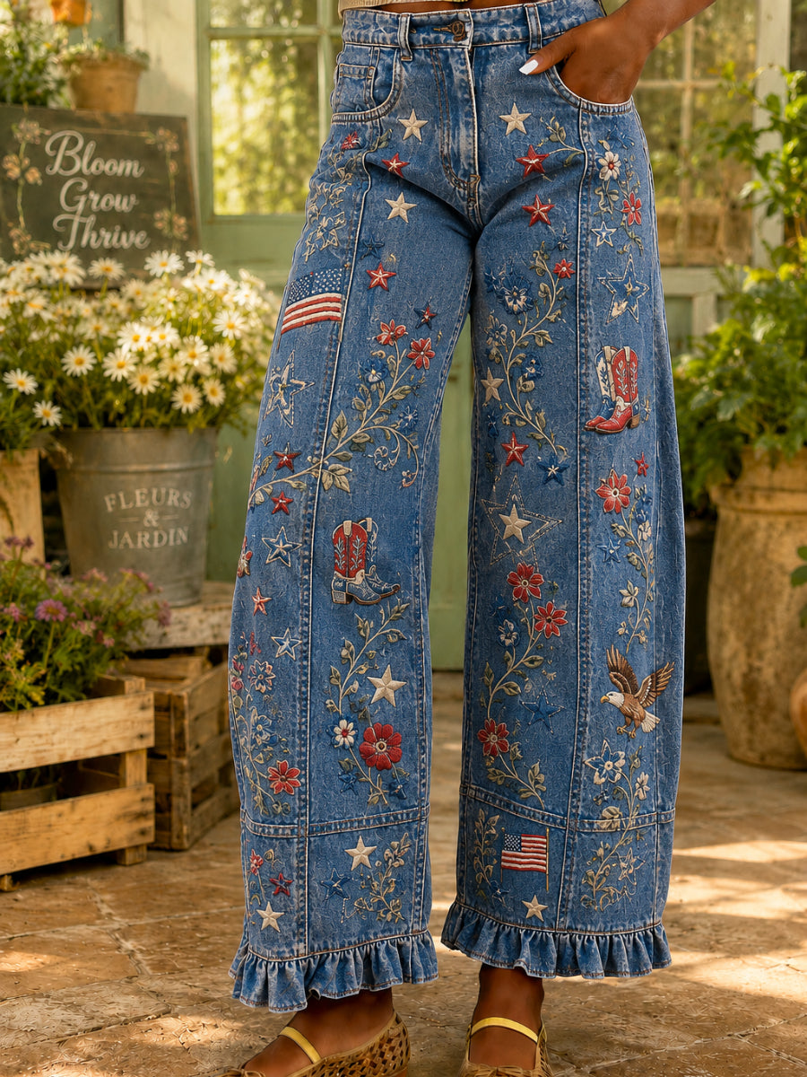 Women's Retro Art Print Wide Leg Pants