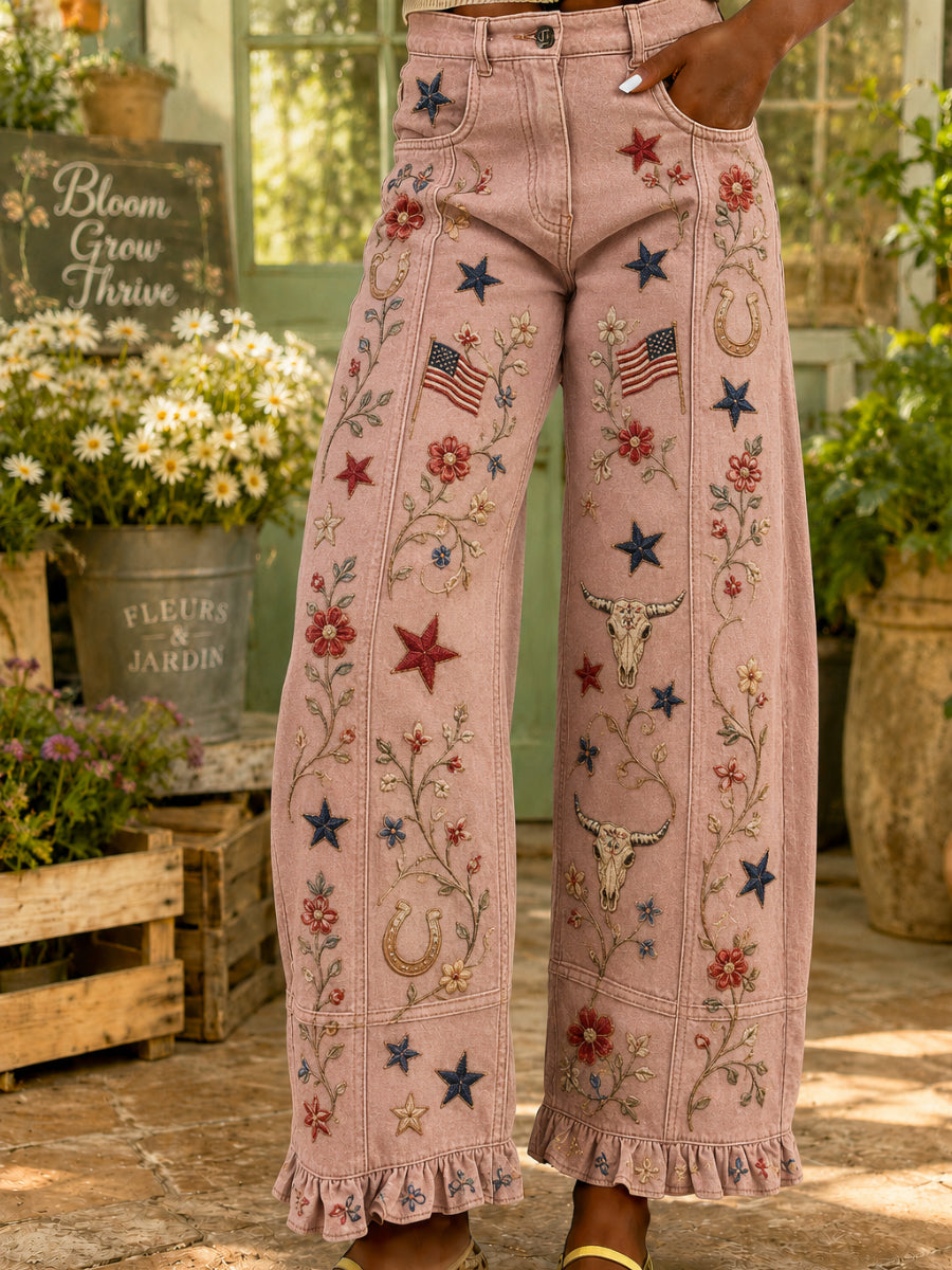 Women's Retro Art Print Wide Leg Pants