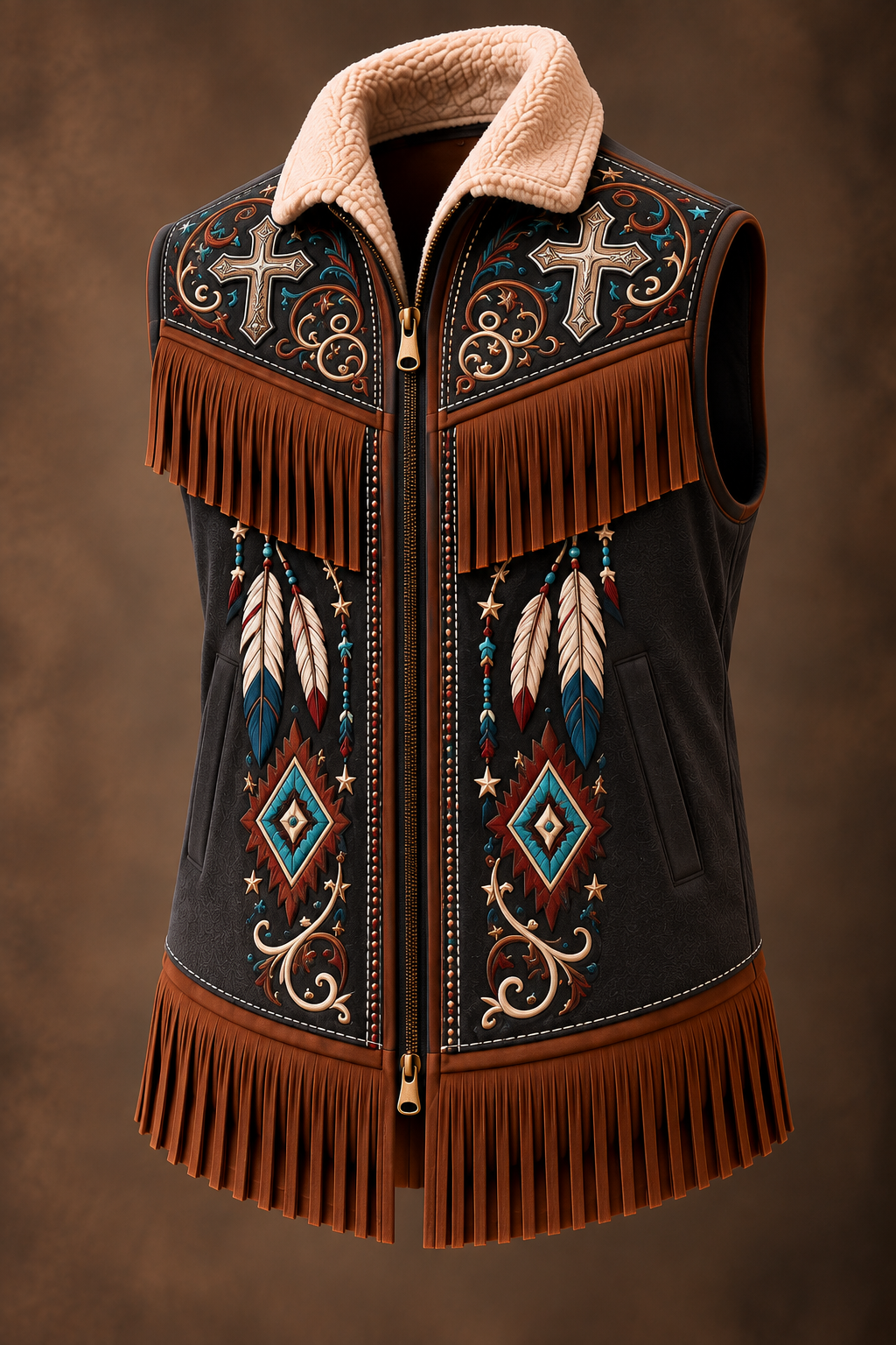 Men's Western Art Fur Collar Long Sleeve Fringe Jacket