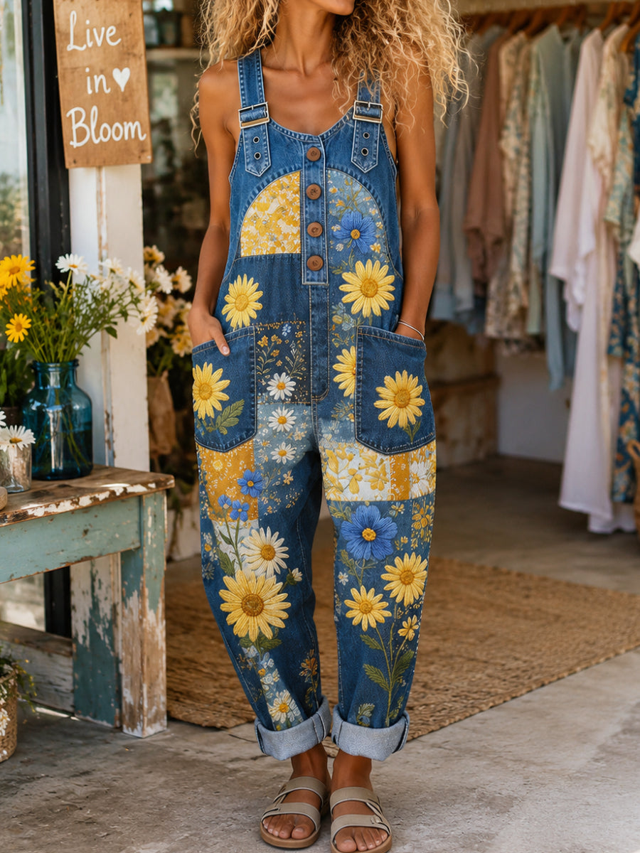 Women's Retro Style Art Print Washed Cotton Denim Patchwork Jumpsuit