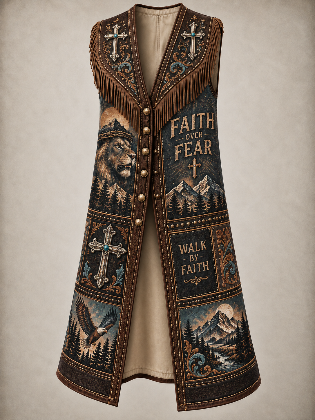 Western Style Faith Art Vintage Sleeveless Fringe Cowboy Jacket