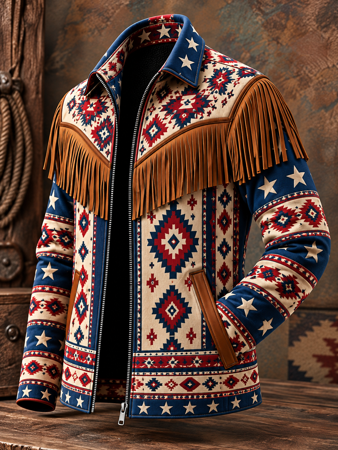 Men's Western Style Art Print Vintage Long Sleeve Fringe Jacket