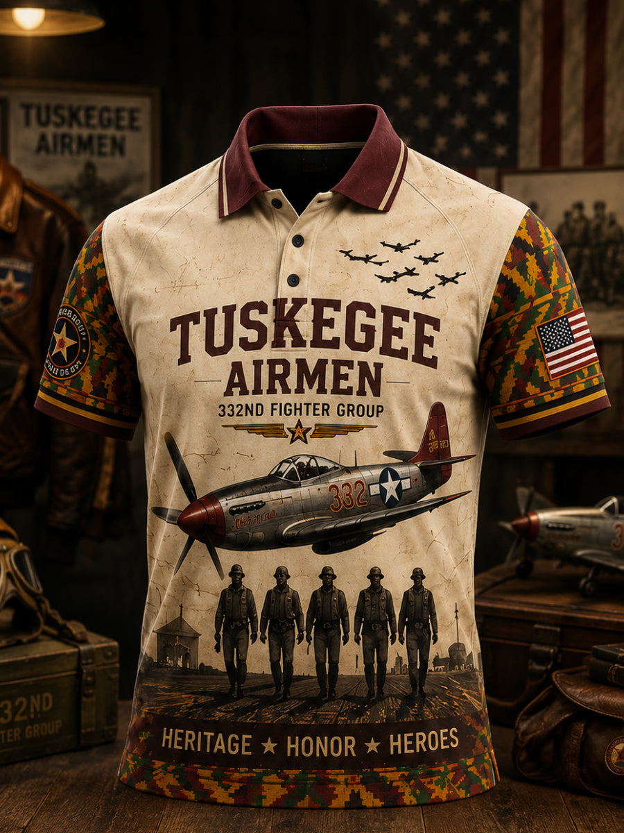 Men's Retro Red Tails Tuskegee Airmen Aircraft Print Polo Shirt