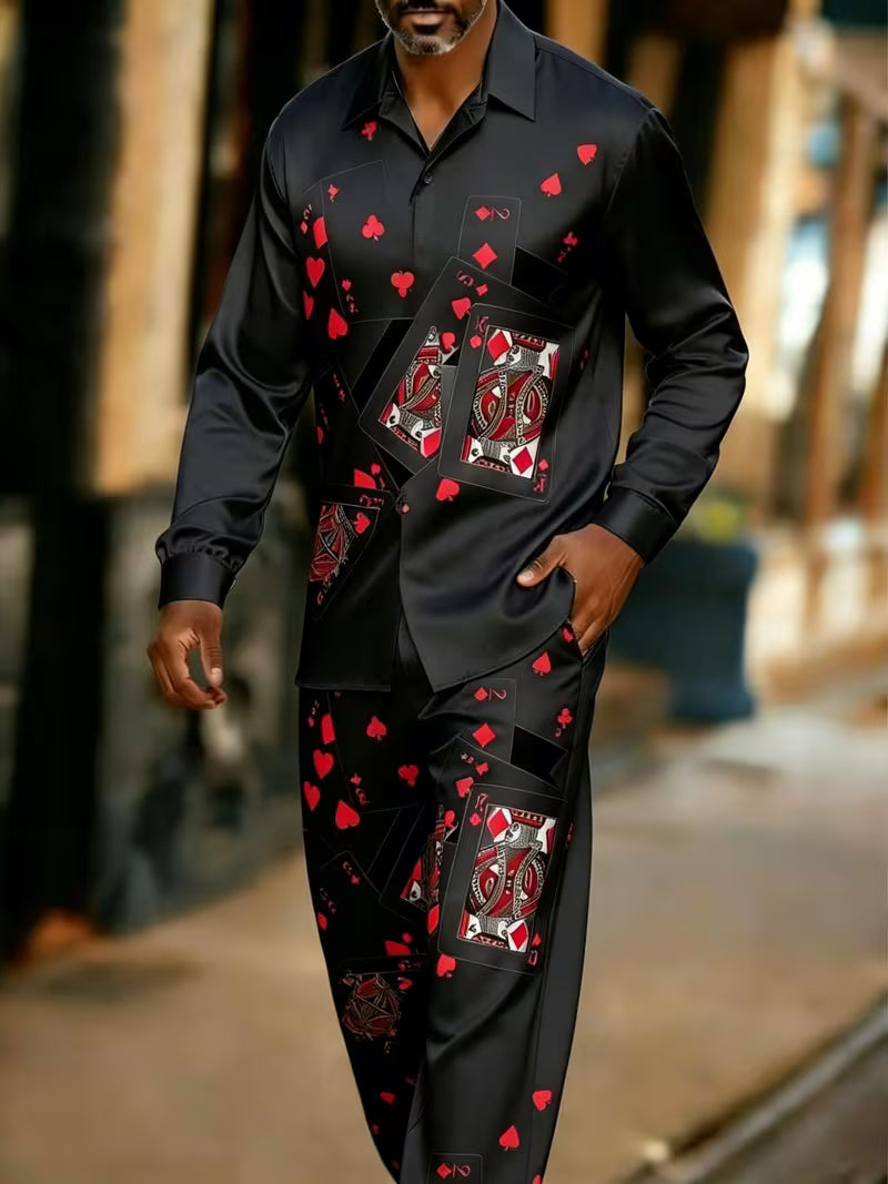 Men's Poker Card Art Print Casual Comfort Top And Pants Two-piece Set