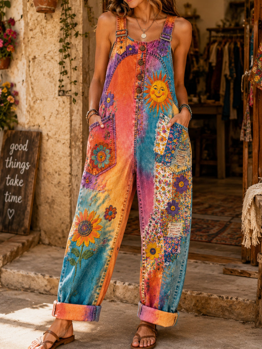 Women's Retro Style Art Print Washed Cotton Denim Patchwork Jumpsuit