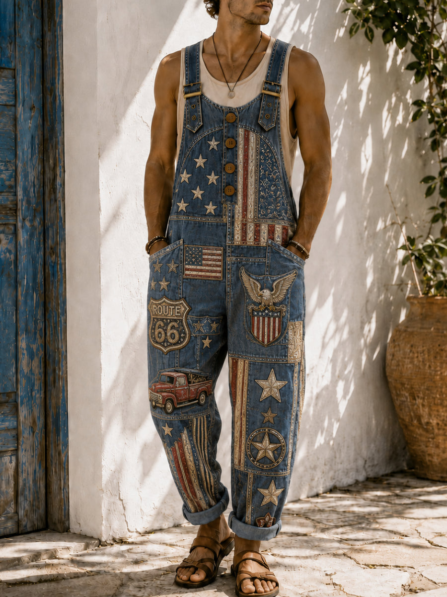 Men's Retro Art Print Casual Sleeveless Denim Patchwork Jumpsuit