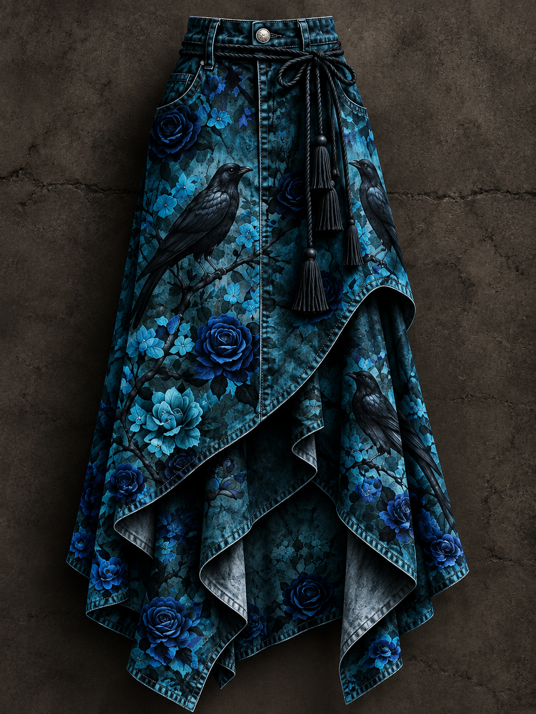 Women's Gothic Raven Floral Art Print Irregularly Layered Stitched Skirt