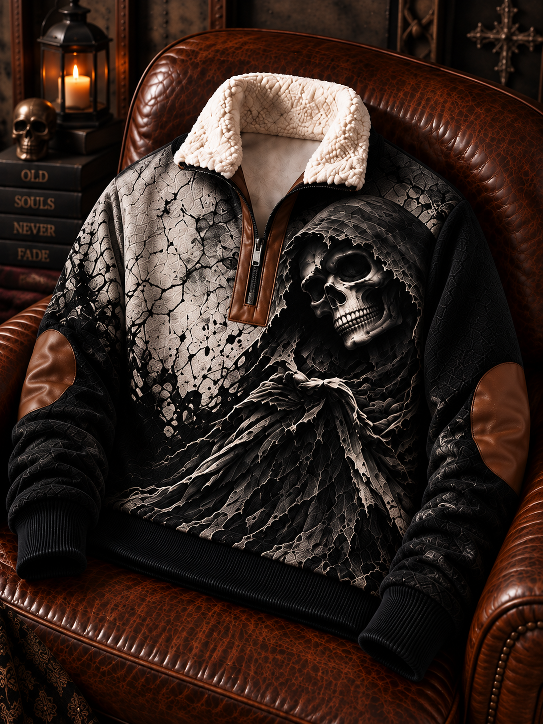 Men's Gothic Skull Jacquard Fabric Zipper Fur Collar Long Sleeve Coat