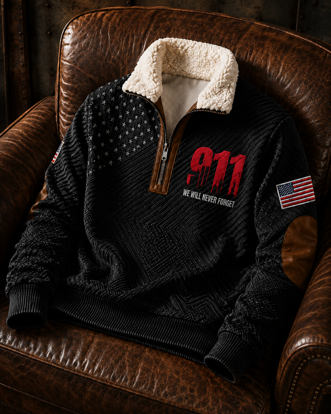 Men's U.S. 9.11 Never Forget Jacquard Fabric Zipper Fur Collar Long Sleeve Coat