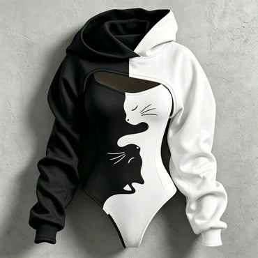Women's Retro Halloween Color Block Cat Print Hoodie Two-piece Set