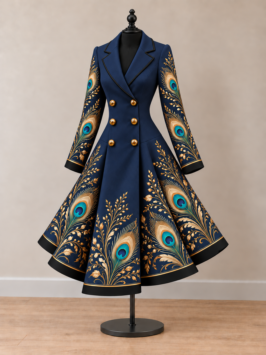 Women's Vintage Art Print Double-Breasted Fit and Flare Blazer Dress