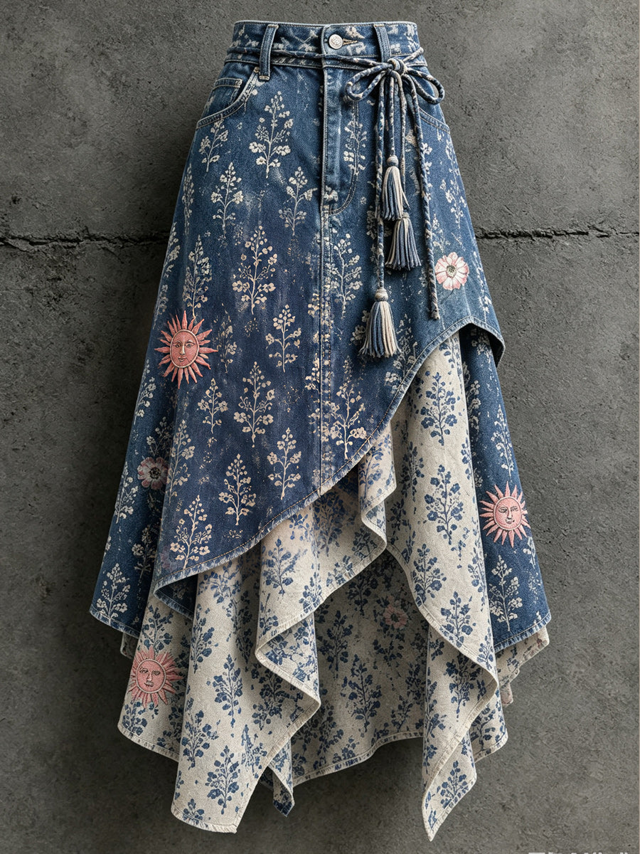 Women's Retro Style Art Print Irregularly Layered Stitched Skirt