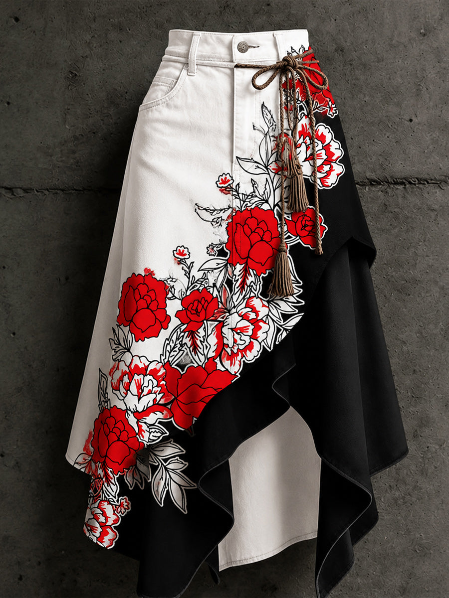 Women's Retro Style Art Print Irregularly Layered Stitched Skirt