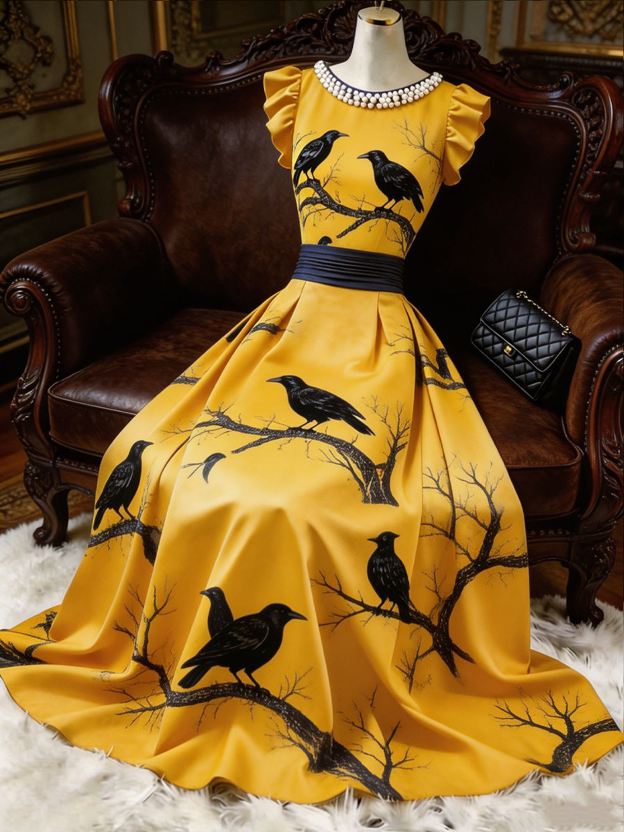 Retro Floral Art Printed Elegant V-Neck Vintage Ruffled Hemmed Sleeves Maxi Dress