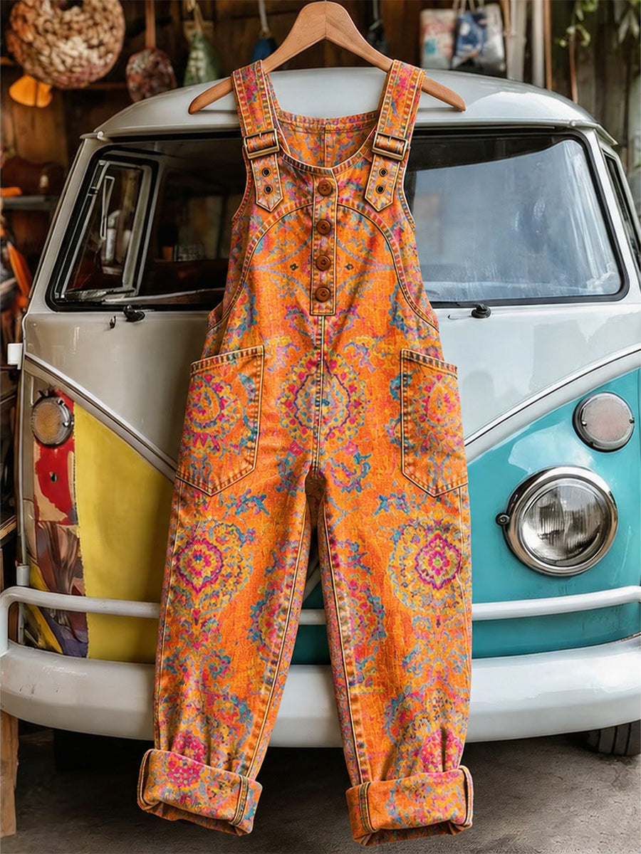 Women's Retro Style Art Print Washed Cotton Denim Patchwork Jumpsuit