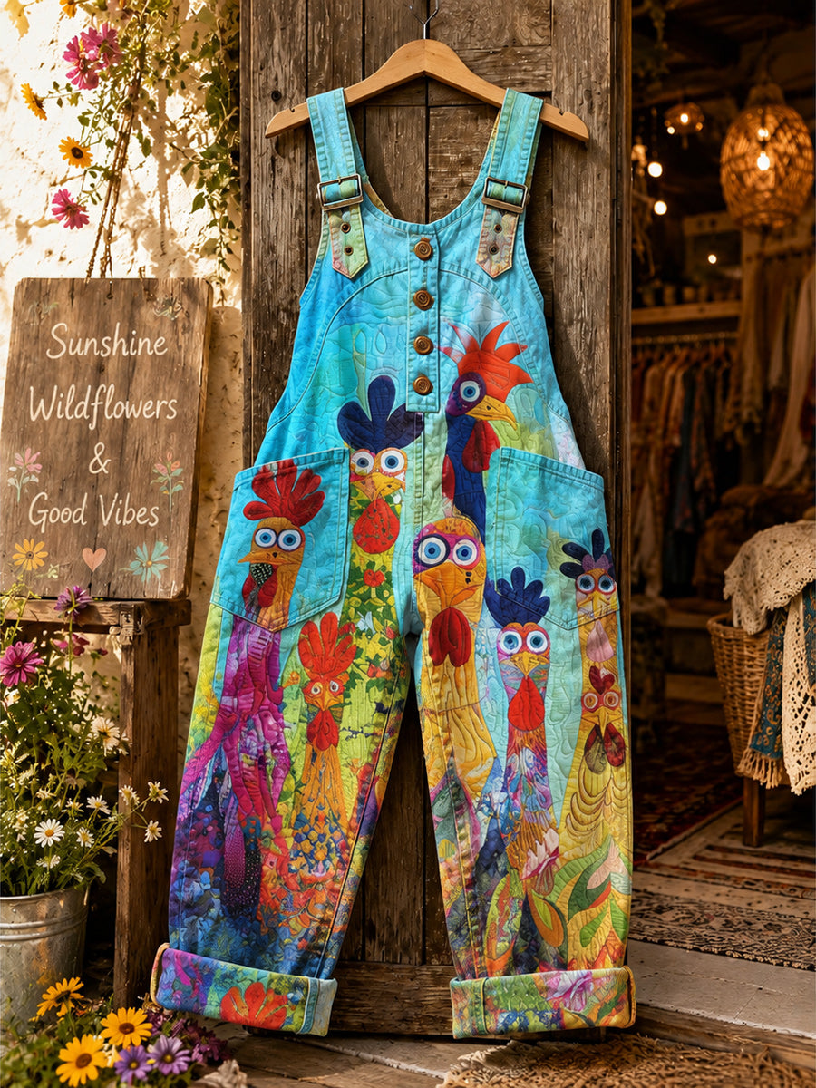Women's Retro Style Art Print Washed Cotton Denim Patchwork Jumpsuit