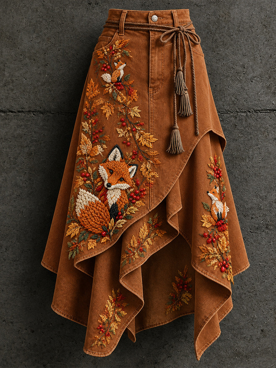 Women's Retro Style Art Print Irregularly Layered Stitched Skirt