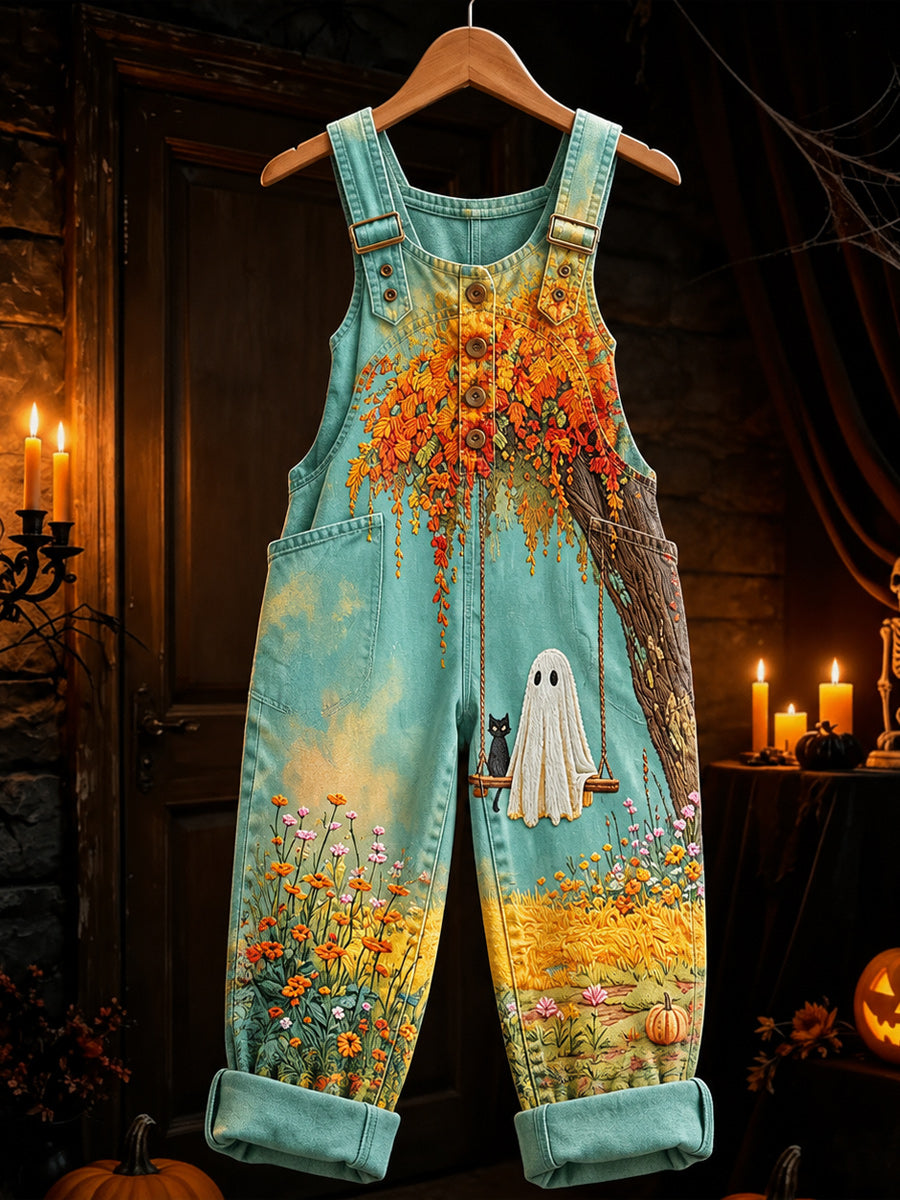 Women's Retro Style Art Print Washed Cotton Denim Patchwork Jumpsuit