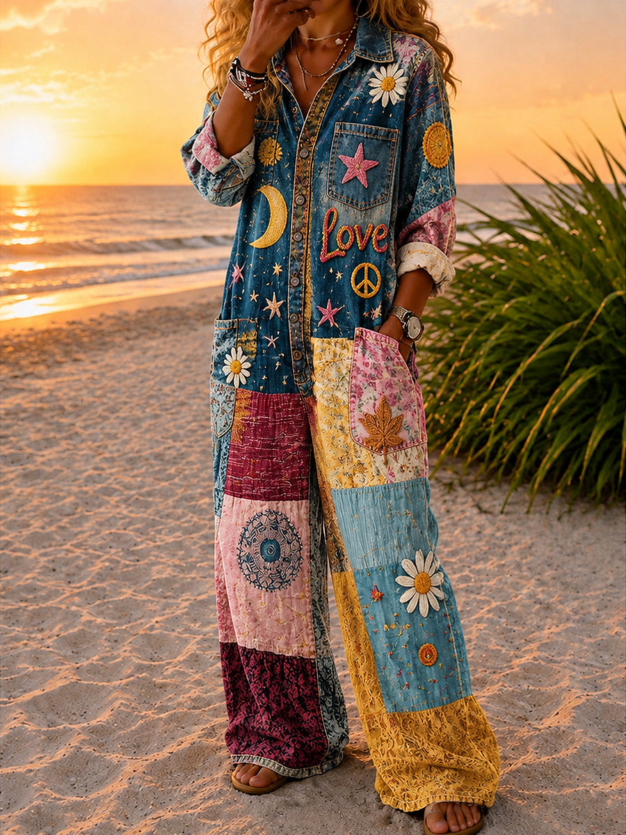 Women's Retro Style Art Print Washed V-Neck Cotton Denim Patchwork Jumpsuit