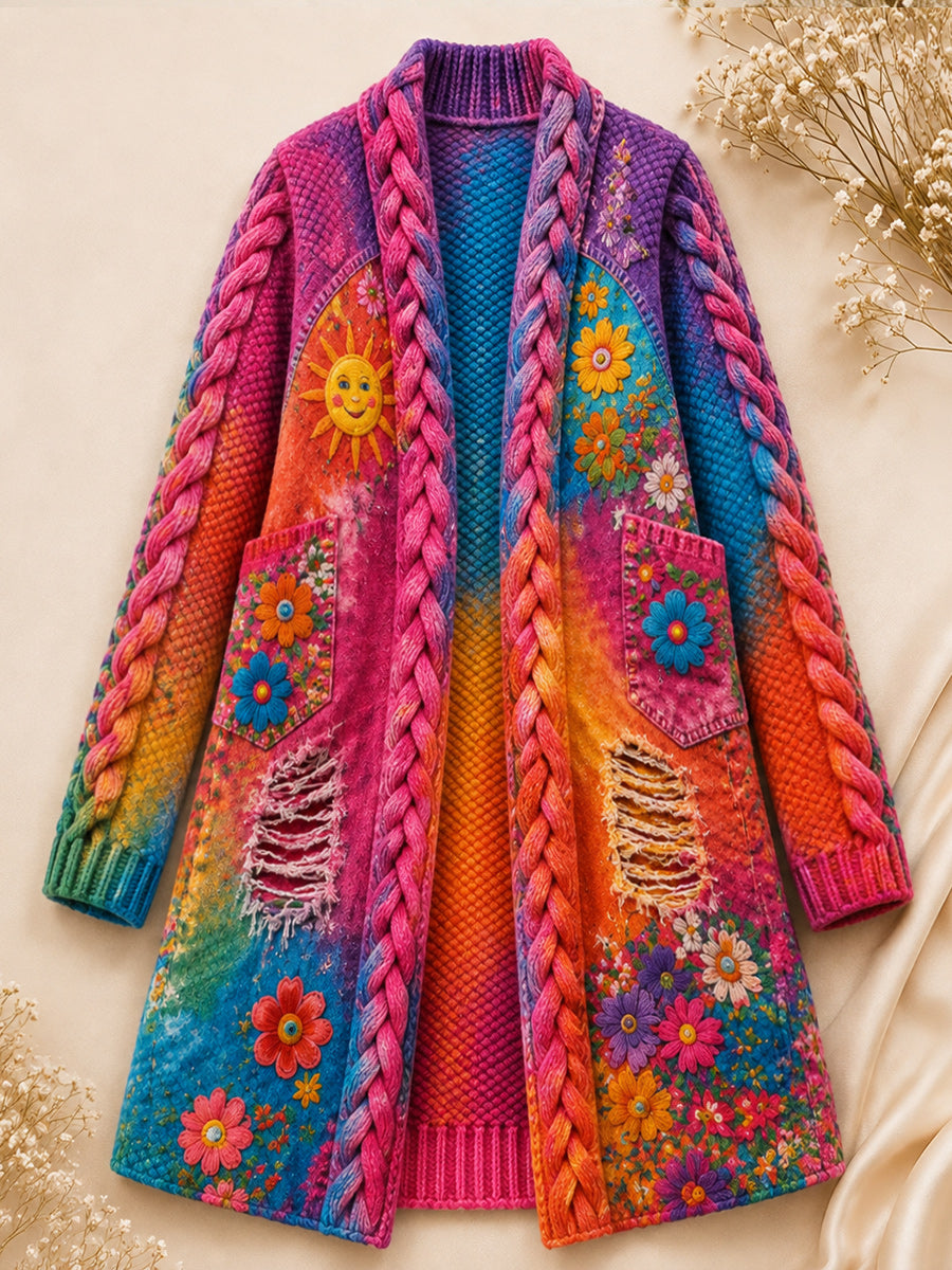 Retro Style Art Print Casual Pocket Mid-Length Knitted Cardigan Coat