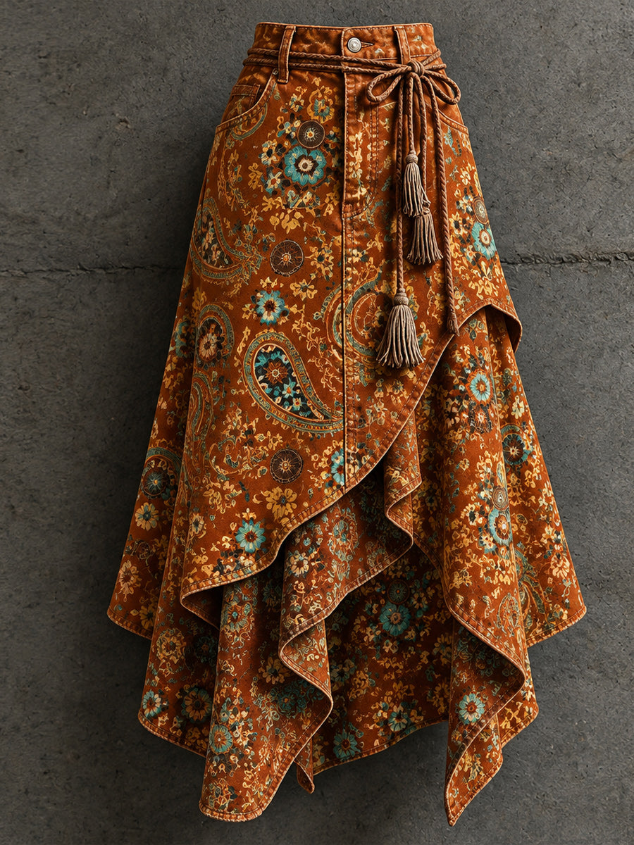 Women's Retro Style Art Print Irregularly Layered Stitched Skirt