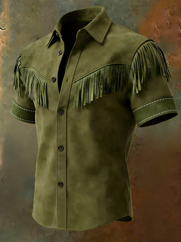 Men's Retro Western Printed Vintage Tassel Casual Short Sleeves Shirt