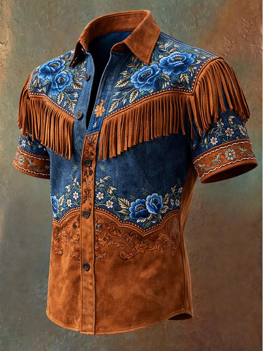 Men's Retro Western Printed Vintage Tassel Casual Short Sleeves Shirt