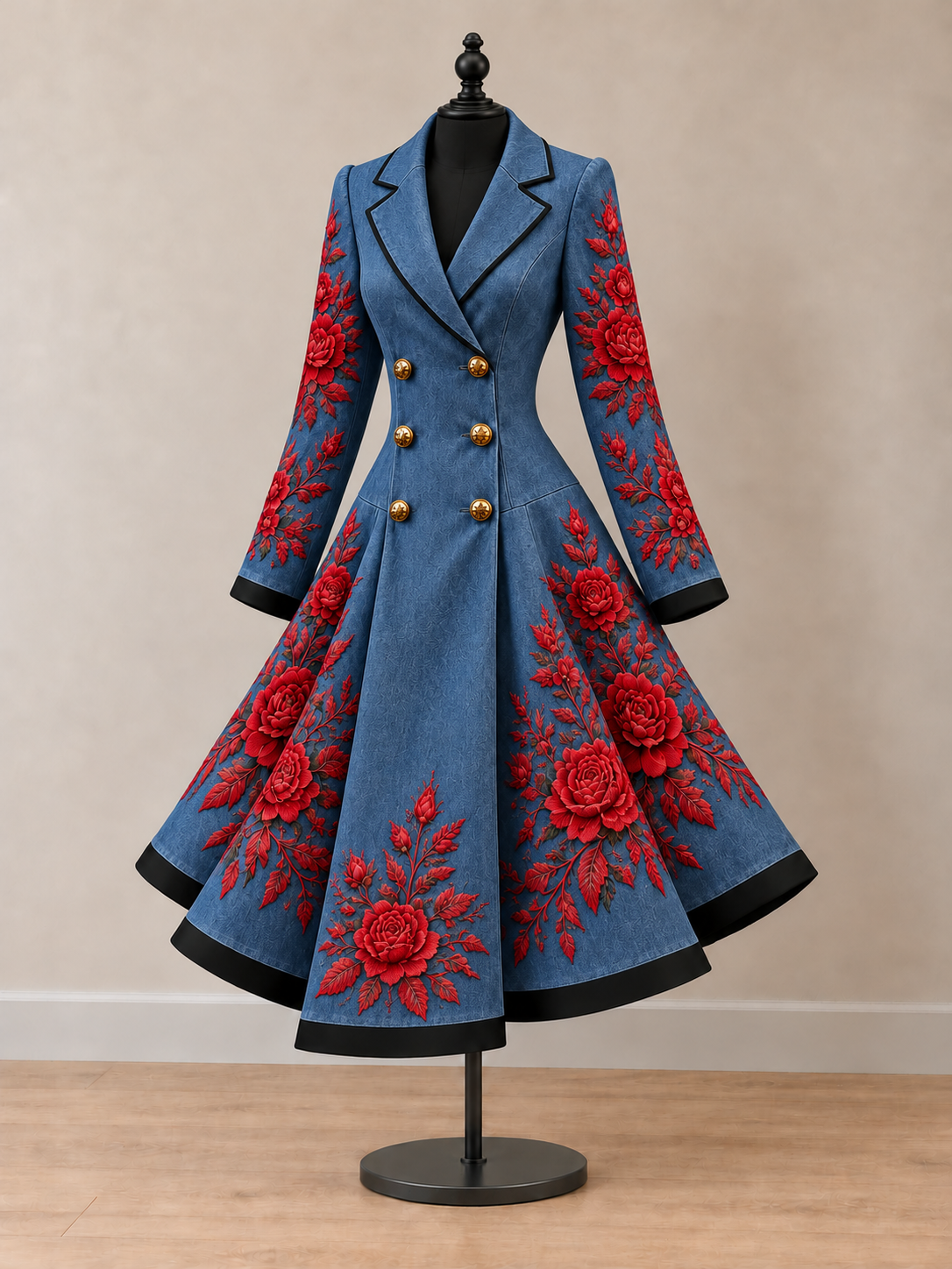 Women's Vintage Art Print Double-Breasted Fit and Flare Blazer Dress