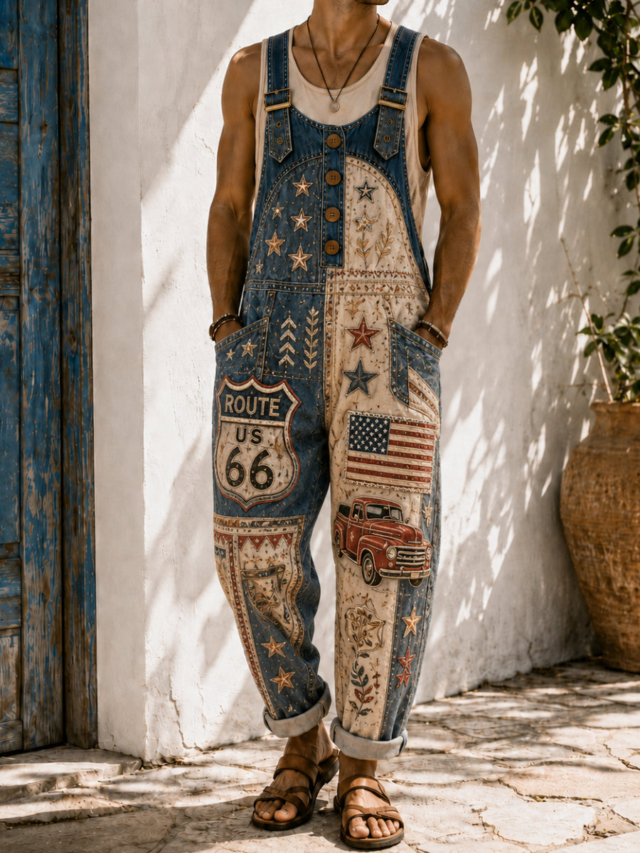 Men's Retro Art Print Casual Sleeveless Denim Patchwork Jumpsuit