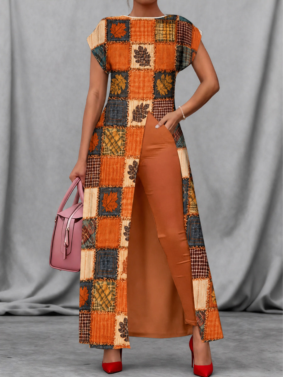 Retro Style Art Print Vintage Long Split Shirts Dress Skinny Pants Two-Piece Set