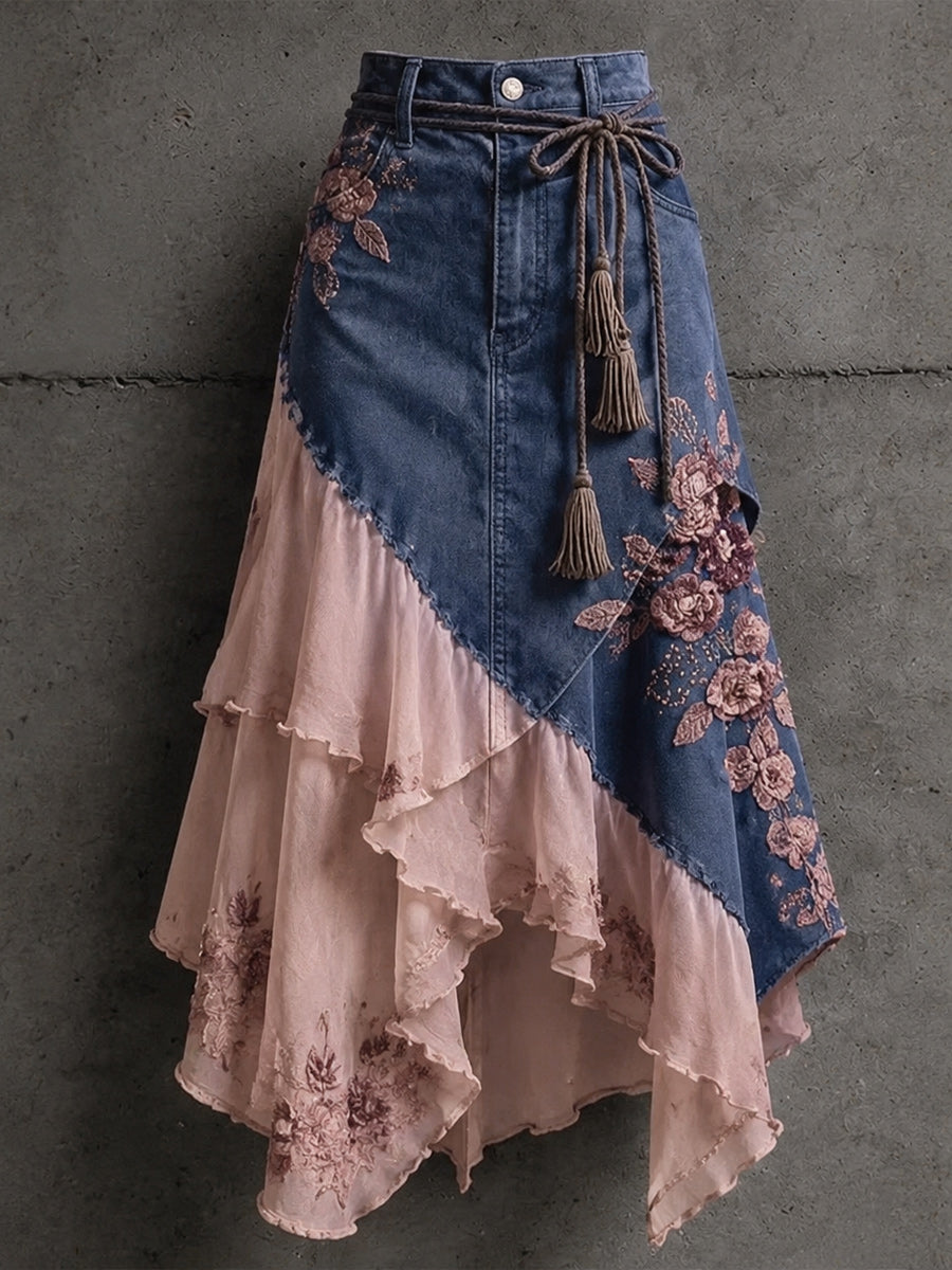 Women's Retro Style Art Print Irregularly Layered Stitched Skirt
