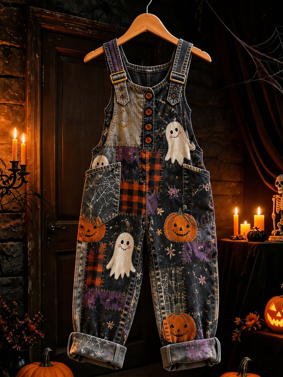 Women's Retro Style Art Print Washed Cotton Denim Patchwork Jumpsuit