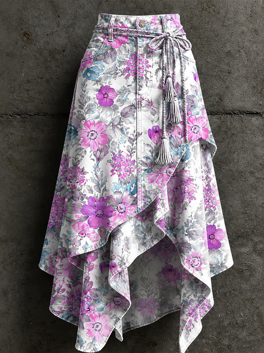 Women's Retro Style Art Print Irregularly Layered Stitched Skirt