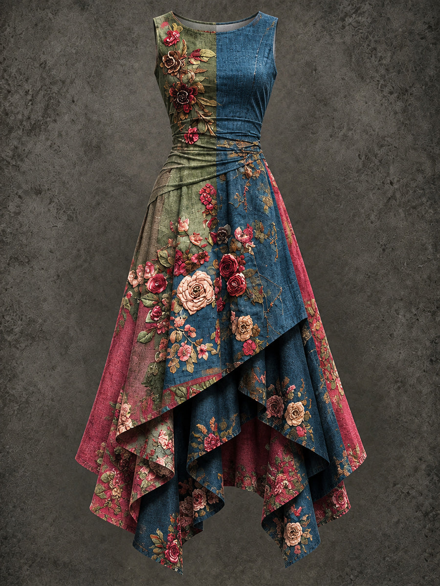 Retro Art Printed Vintage Sleeveless Irregularly Layered Stitched Midi Dress