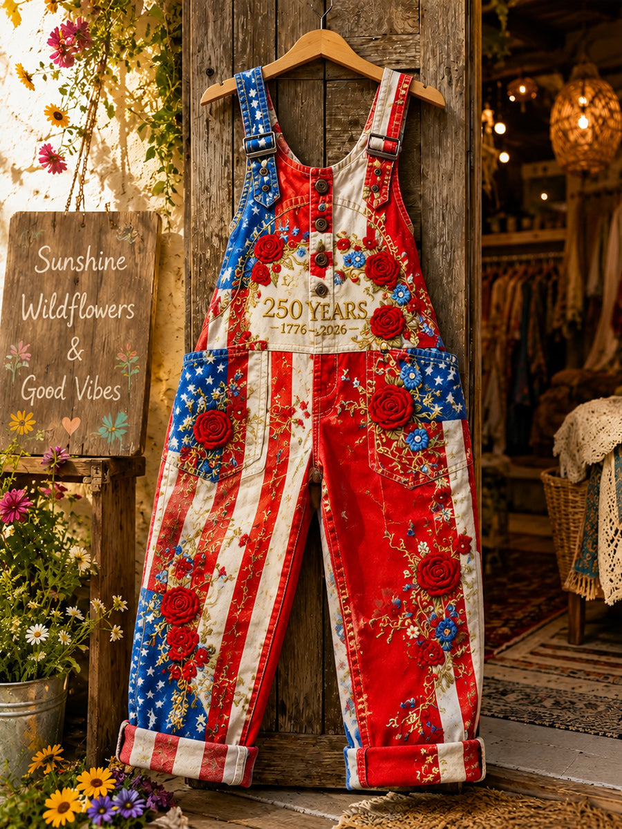 Women's Retro Style Art Print Washed Cotton Denim Patchwork Jumpsuit