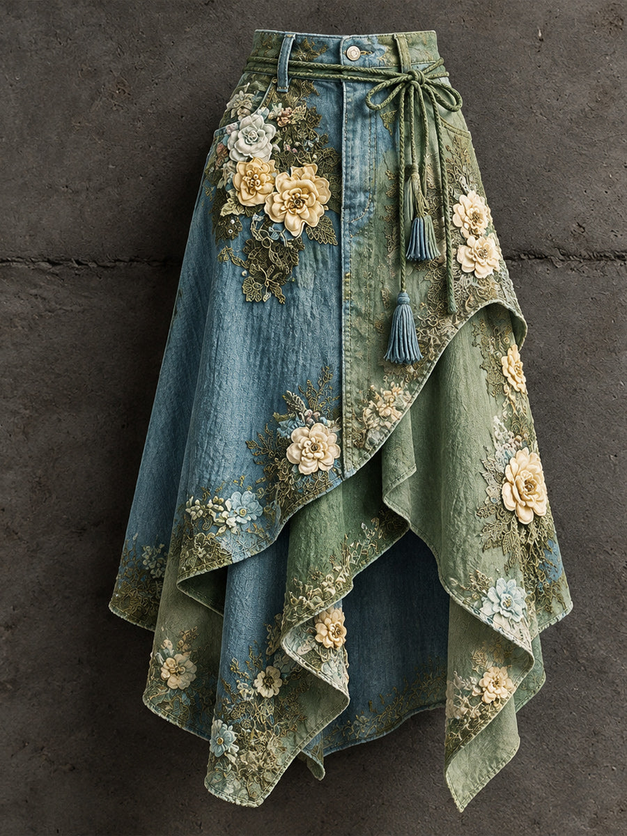 Women's Retro Style Art Print Irregularly Layered Stitched Skirt