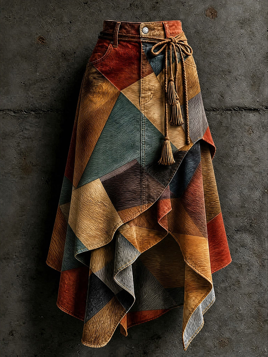 Women's Retro Style Art Print Irregularly Layered Stitched Skirt