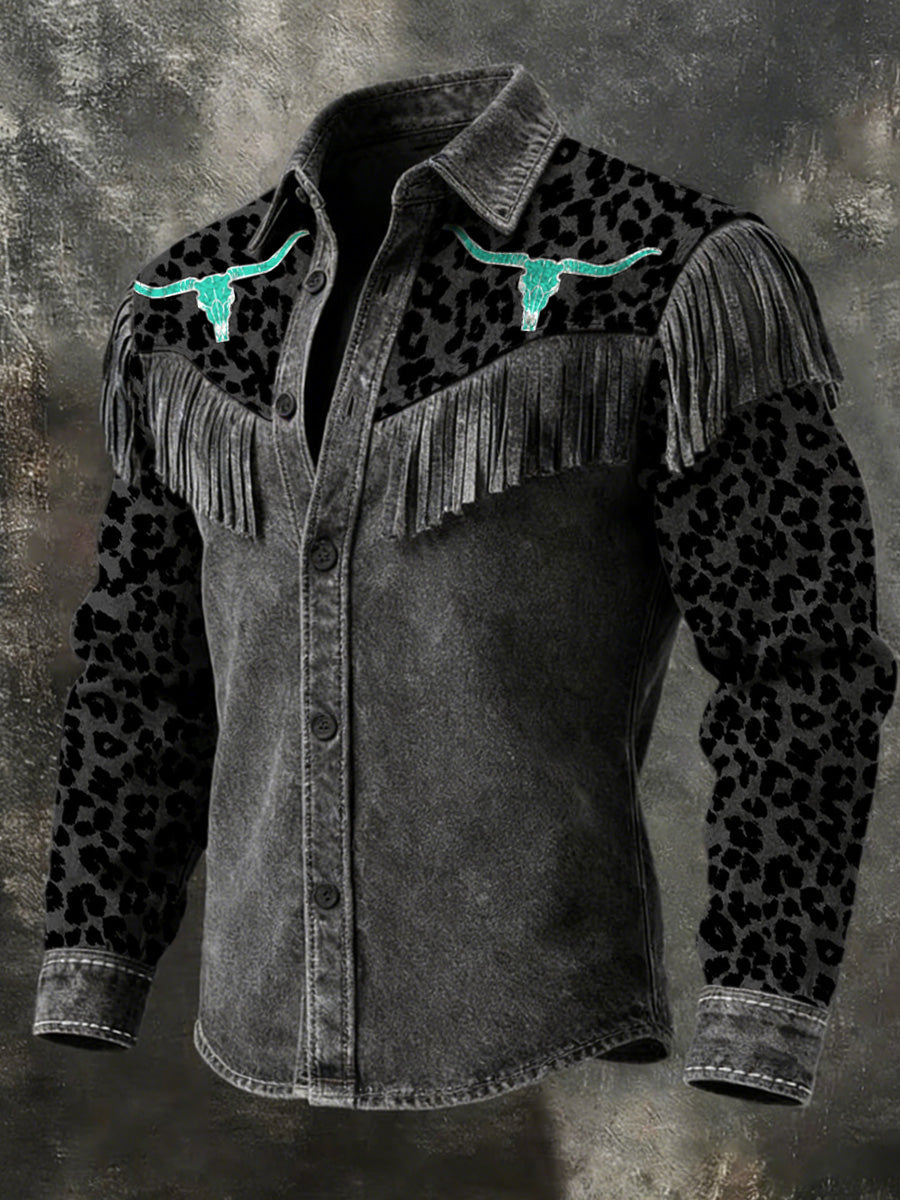 Men's Retro Western Style Art Print Vintage Tassel Casual Long Sleeve Shirt