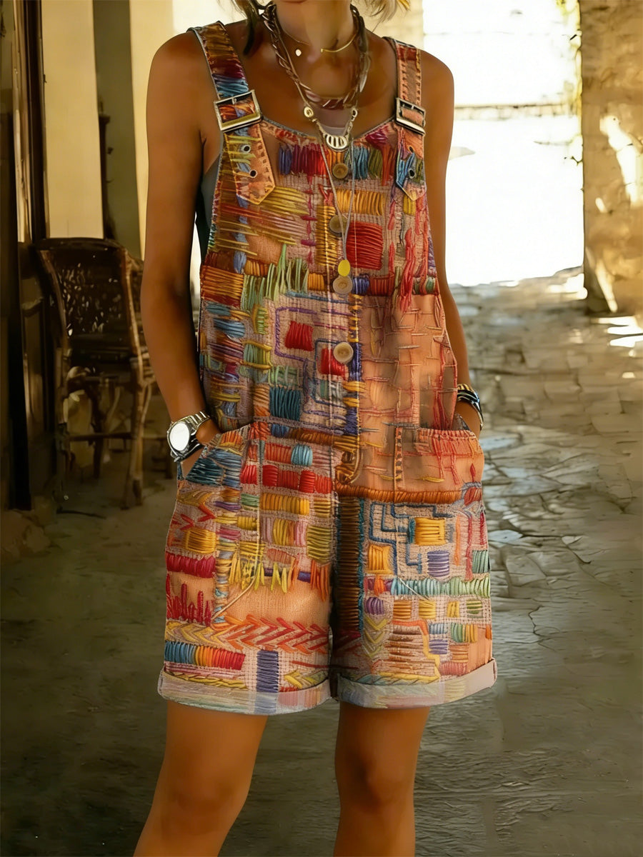 Women's Floral Art Print Washed Cotton Denim Patchwork Jumpsuit