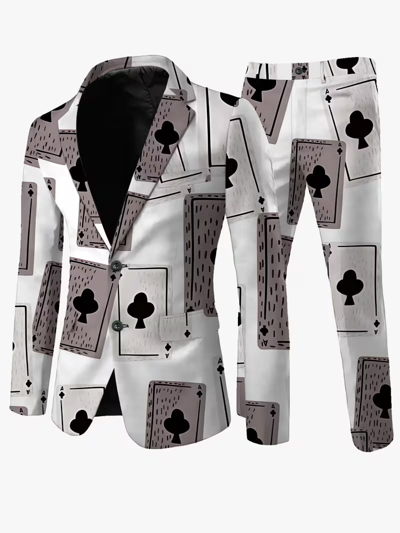 Men's Poker Card Art Print Casual Jacket Trousers Two-Piece Suits