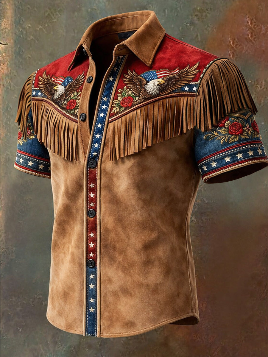 Men's Retro Western Style U.S 250 Commemorative Printed Vintage Tassel Casual Short Sleeves Shirt
