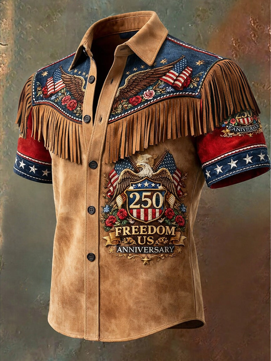 Men's Retro Western Style U.S 250 Commemorative Printed Vintage Tassel Casual Short Sleeves Shirt