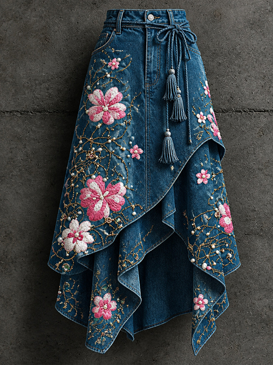 Women's Retro Style Art Print Irregularly Layered Stitched Skirt