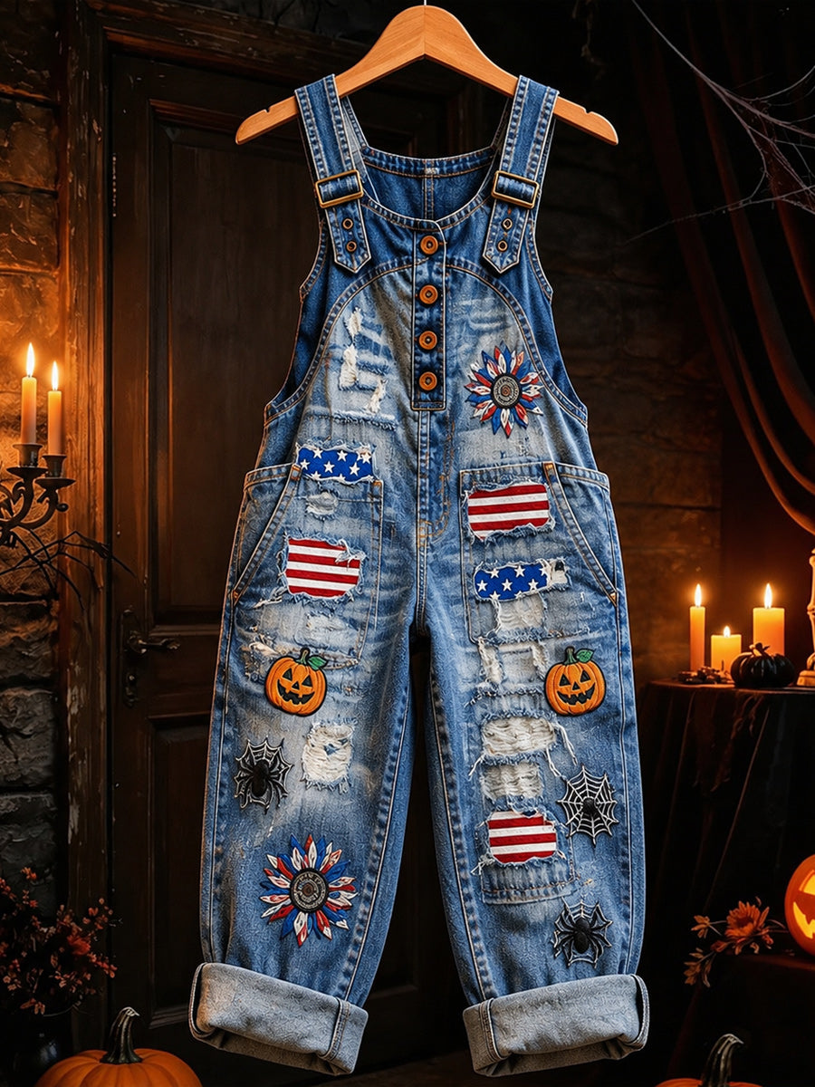 Women's Retro Style Art Print Washed Cotton Denim Patchwork Jumpsuit