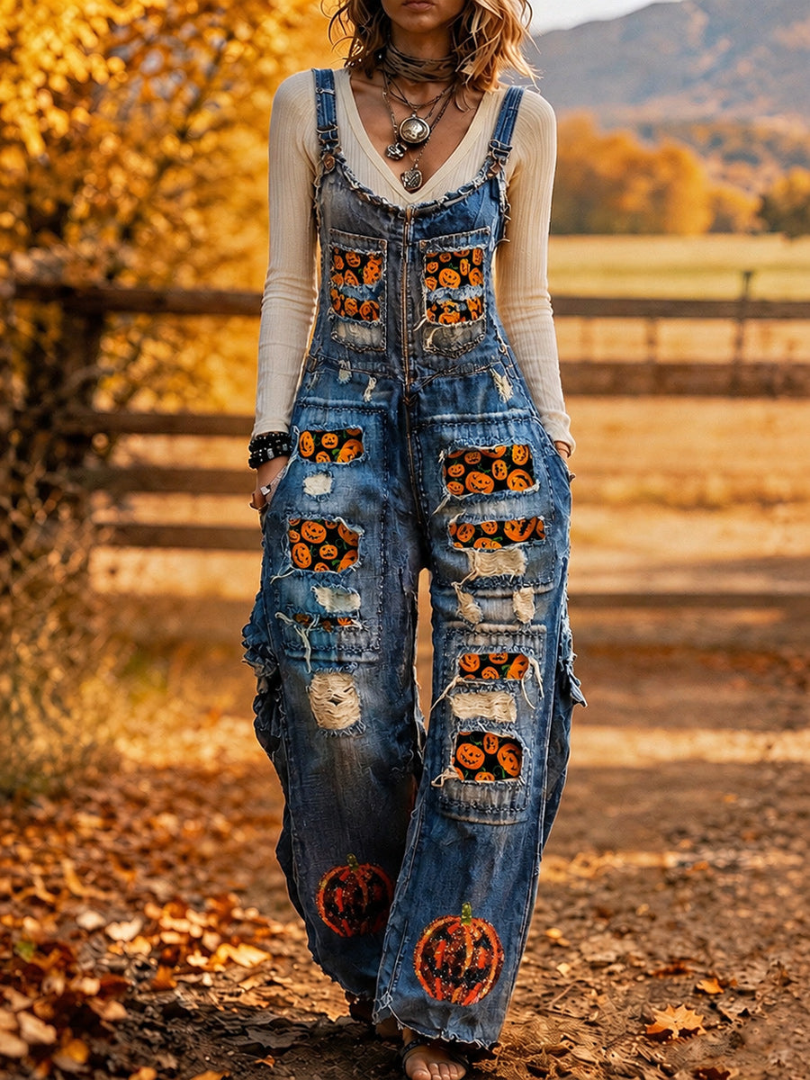 Women's Retro Autumn Style Art Print Washed Cotton Denim Patchwork Jumpsuit