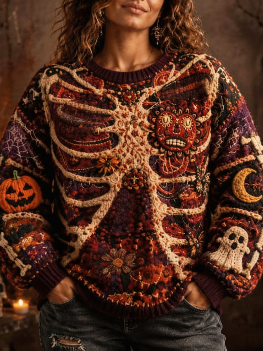 Retro Autumn Art Printed Vintage Round-Neck Casual Long Sleeve Top