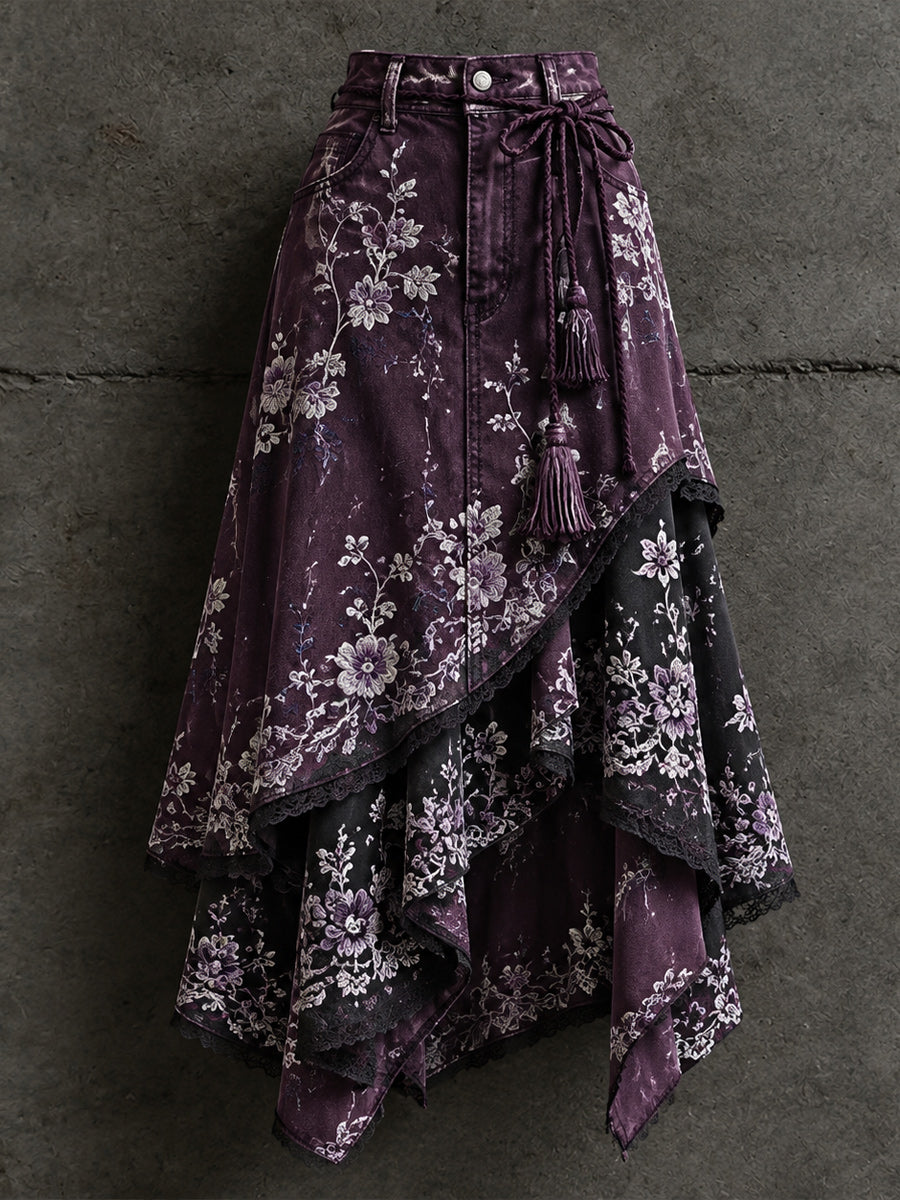 Women's Retro Style Art Print Irregularly Layered Stitched Skirt
