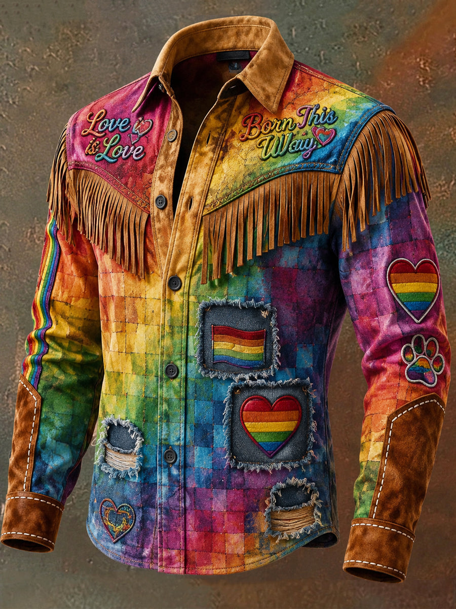 Men's Retro Pride Month Rainbow Art Print Western Vintage Tassel Casual Long Sleeve Shirt