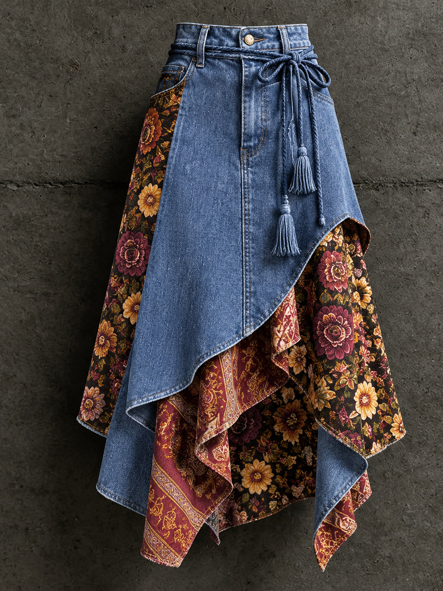 Women's Retro Style Art Print Irregularly Layered Stitched Skirt