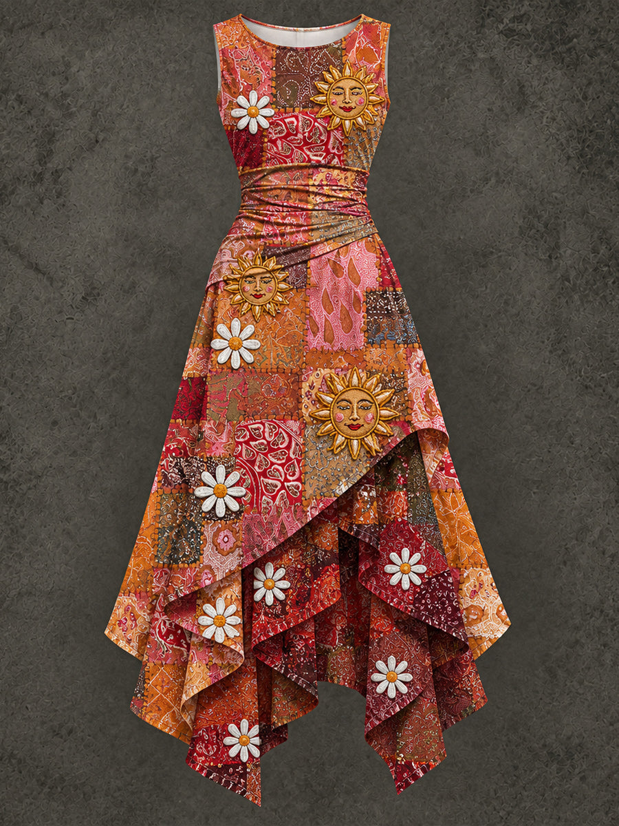 Retro Art Printed Vintage Sleeveless Irregularly Layered Stitched Midi Dress